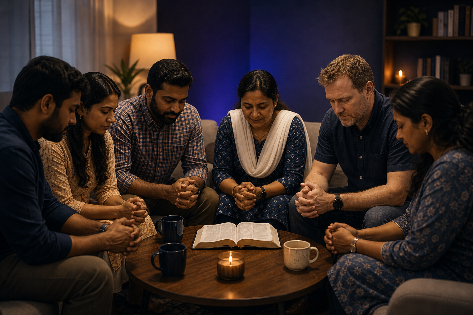 Small group fellowship and prayer around an open Bible