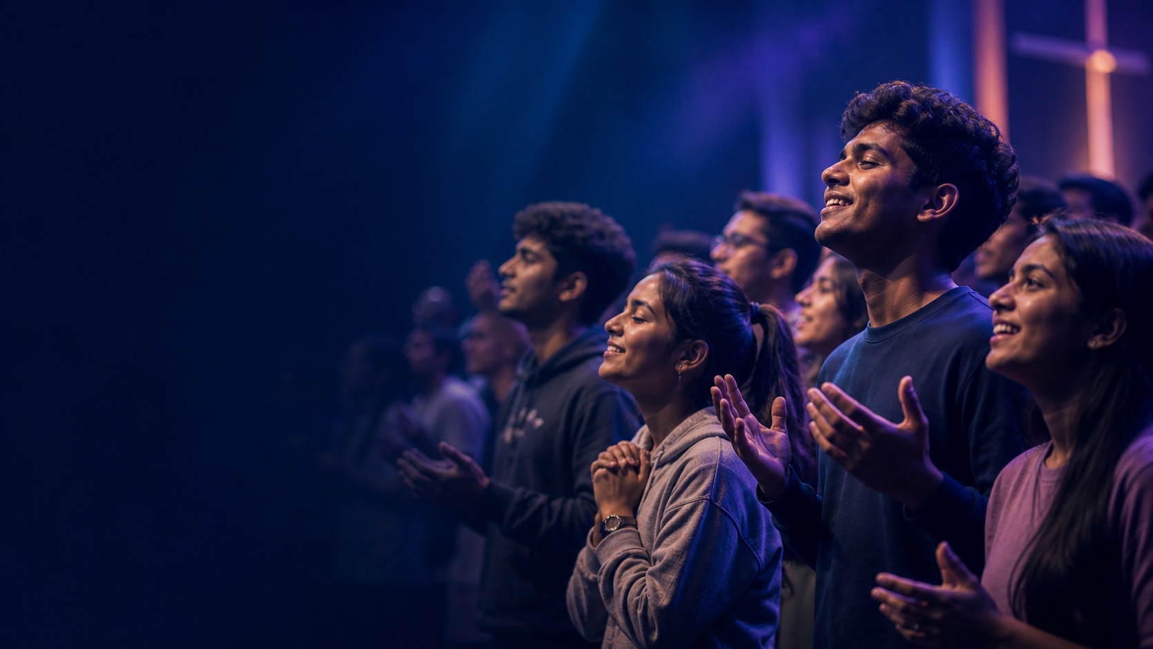 Joyful young people worshipping together in a hopeful church gathering